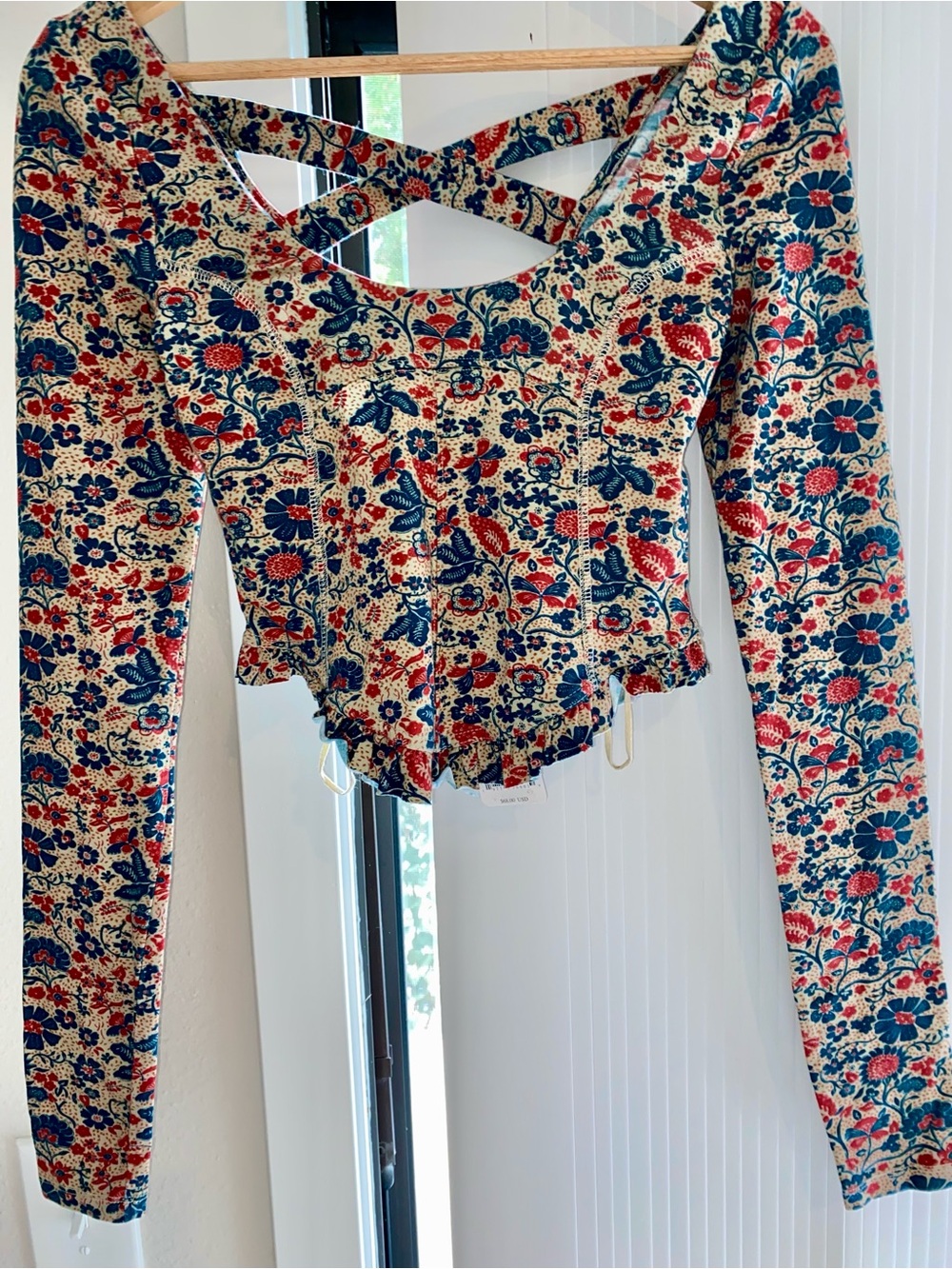 Free People Floral Crisscross Long-Sleeve Crop Top - Blue, Red, Cream